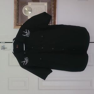 Rock Steady, black and white button up collared shirt, size L